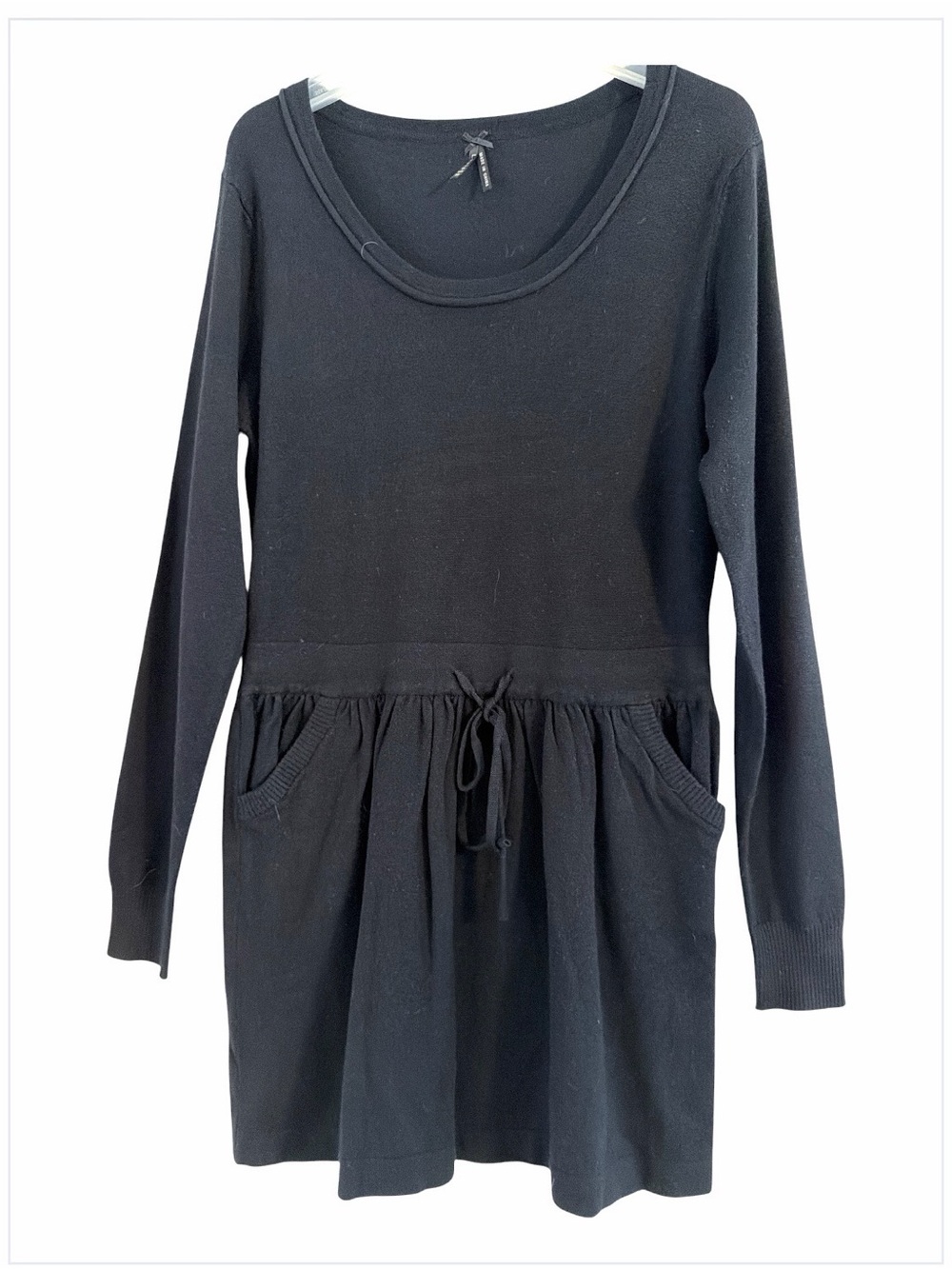 Lapis Black Cotton Long Sleeve Drawstring Side Pockets Mini Sweater Dress M